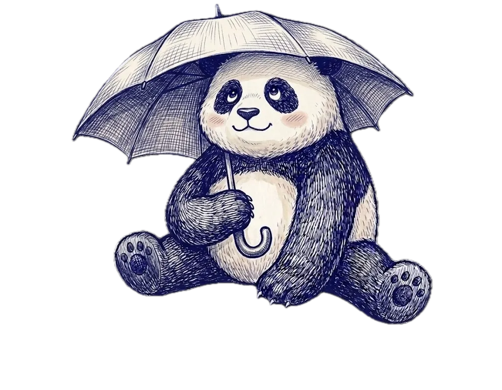 Kai le panda, à l'abri sous son parapluie